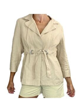 Minimalist pure linen beige drawstring waist old money jacket 8